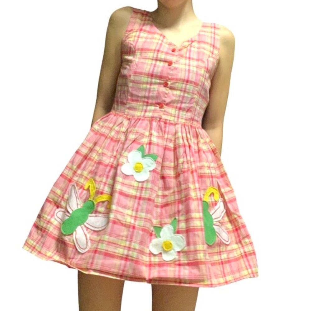 Custom Upcycled 90s Deadstock Pink Plaid Flower Dragonfly Patchwork Mini Dress